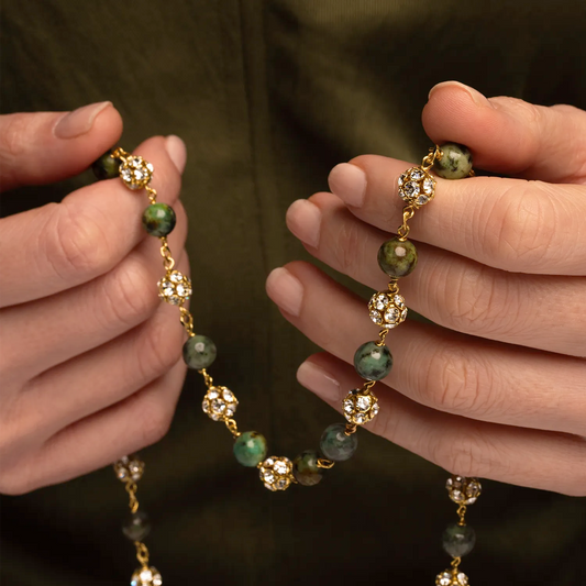 AFRICAN TURQUOISE ROSENKRANZ UND STRASSBALL - VERMEIL-SILBER