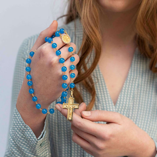 BLAU AGATE PERLEN ROSENKRANZ - VERMEIL-SILBER