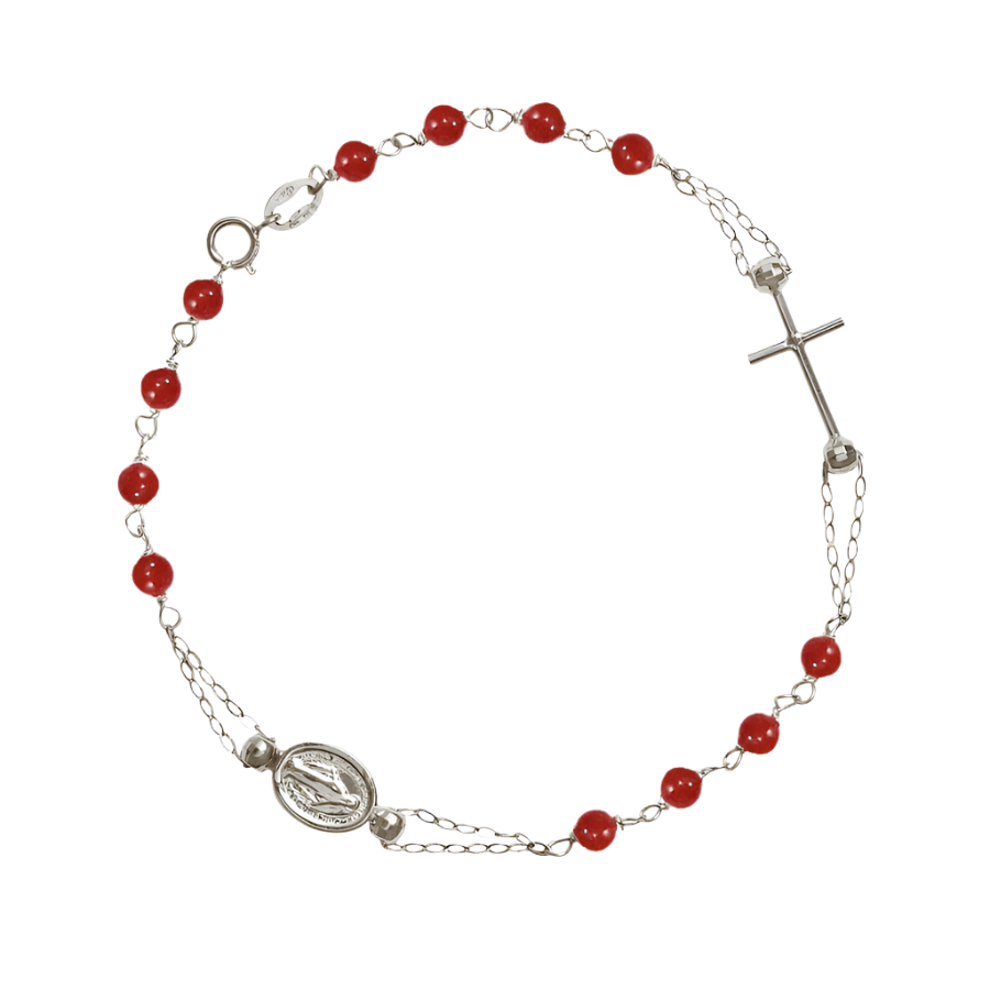 WUNDERTÄTIG UND KREUZ - KORALLE ROSENKRANZ-ARMBAND - WEISSGOLD