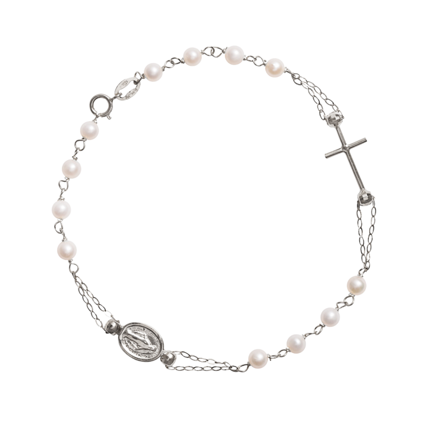 WUNDERTÄTIG UND KREUZ - PERLEN ROSENKRANZ-ARMBAND - WEISSGOLD