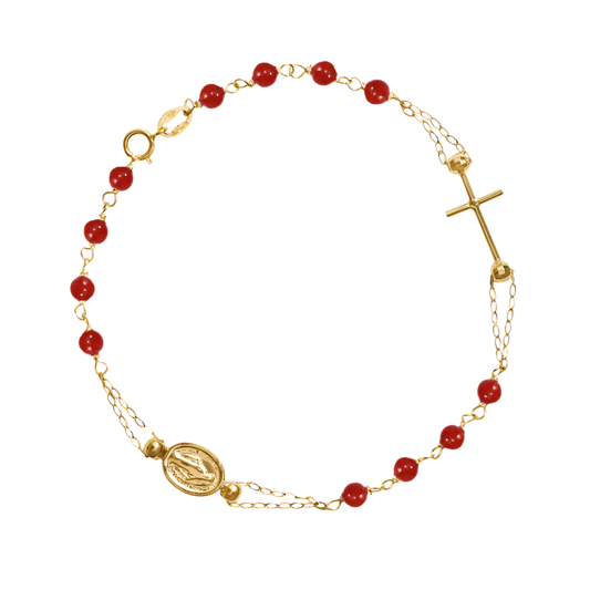 WUNDERTÄTIG UND KREUZ - KORALLE ROSENKRANZ-ARMBAND - GOLD