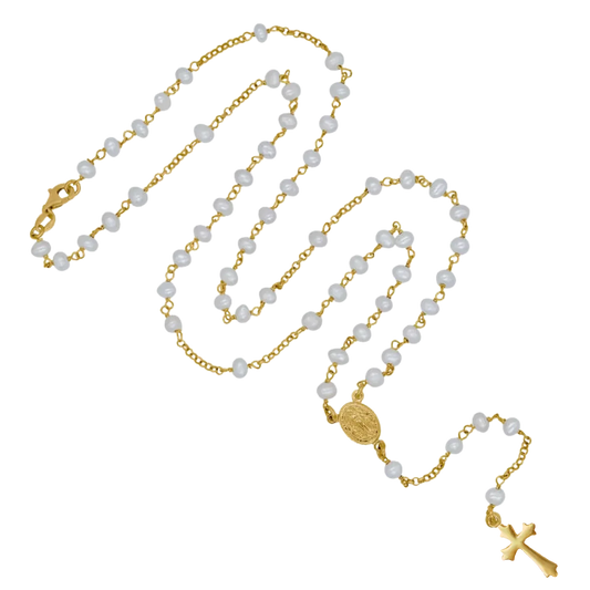 PERLE ROSENKRANZ HALSKETTE - VERGOLDETES SILBER