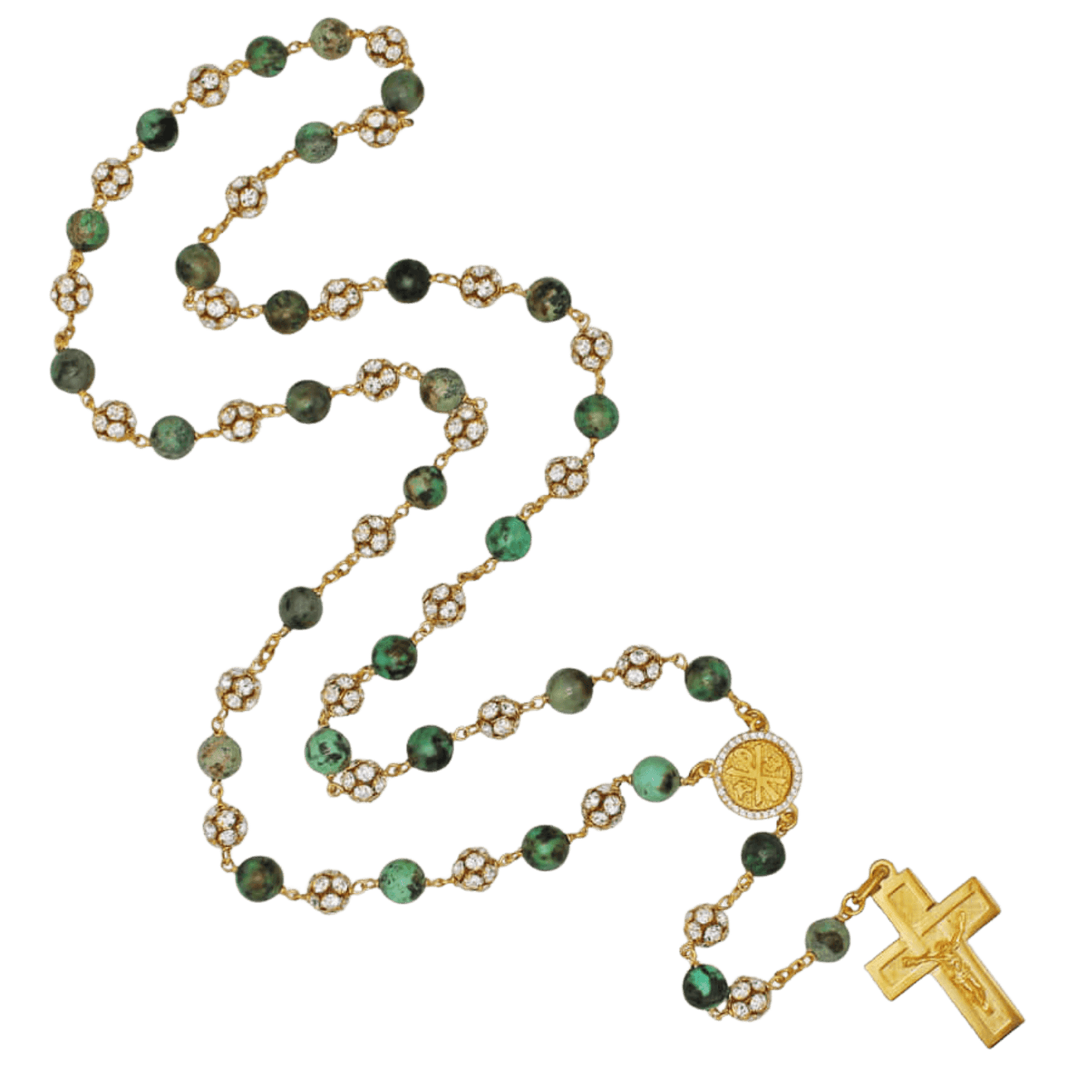 AFRICAN TURQUOISE ROSENKRANZ UND STRASSBALL - VERMEIL-SILBER