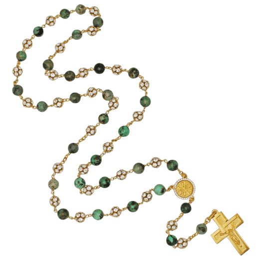 AFRICAN TURQUOISE ROSENKRANZ UND STRASSBALL - VERMEIL-SILBER