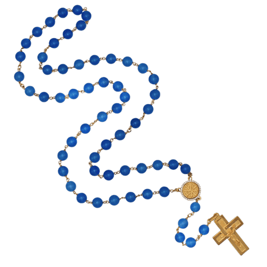 BLAU AGATE PERLEN ROSENKRANZ - VERMEIL-SILBER