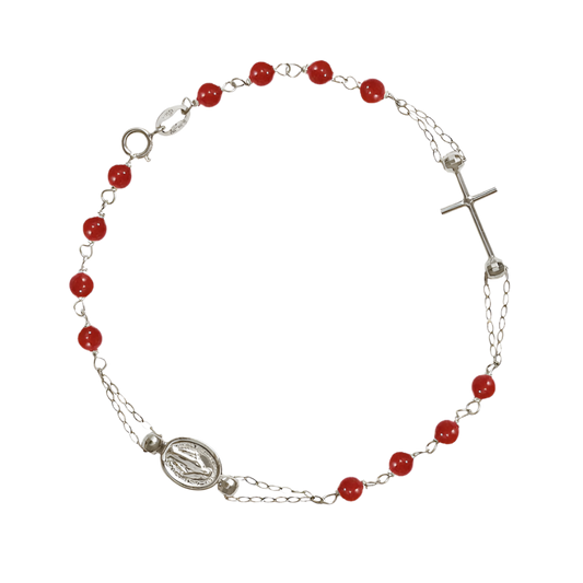 WUNDERTÄTIG UND KREUZ - KORALLE ROSENKRANZ-ARMBAND - WEISSGOLD