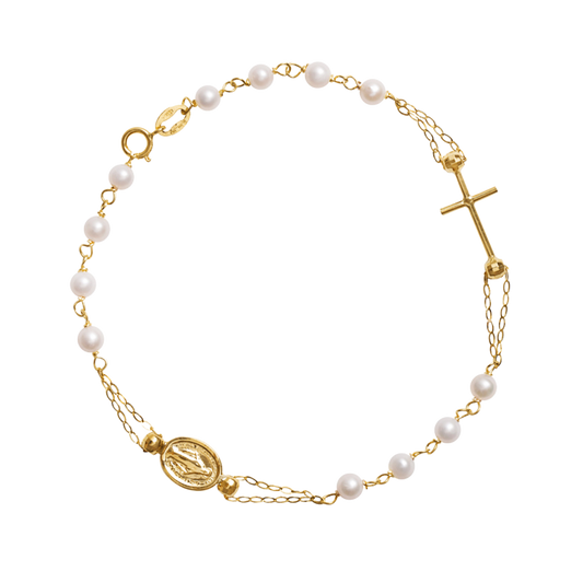 WUNDERTÄTIG UND KREUZ - PERLEN ROSENKRANZ-ARMBAND - GOLD