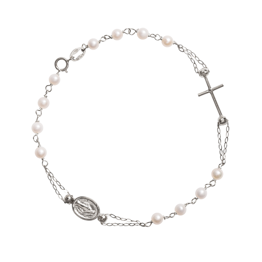 WUNDERTÄTIG UND KREUZ - PERLEN ROSENKRANZ-ARMBAND - WEISSGOLD