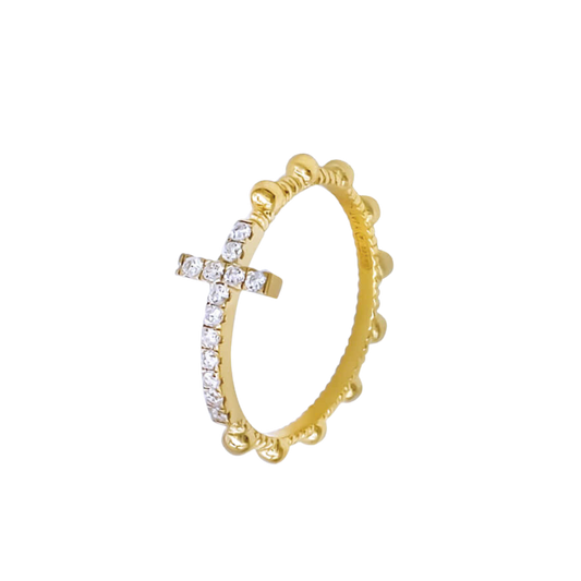 ROSENKRANZ RING MIT KREUZ - VERMEIL-SILBER UND ZIRKONIA